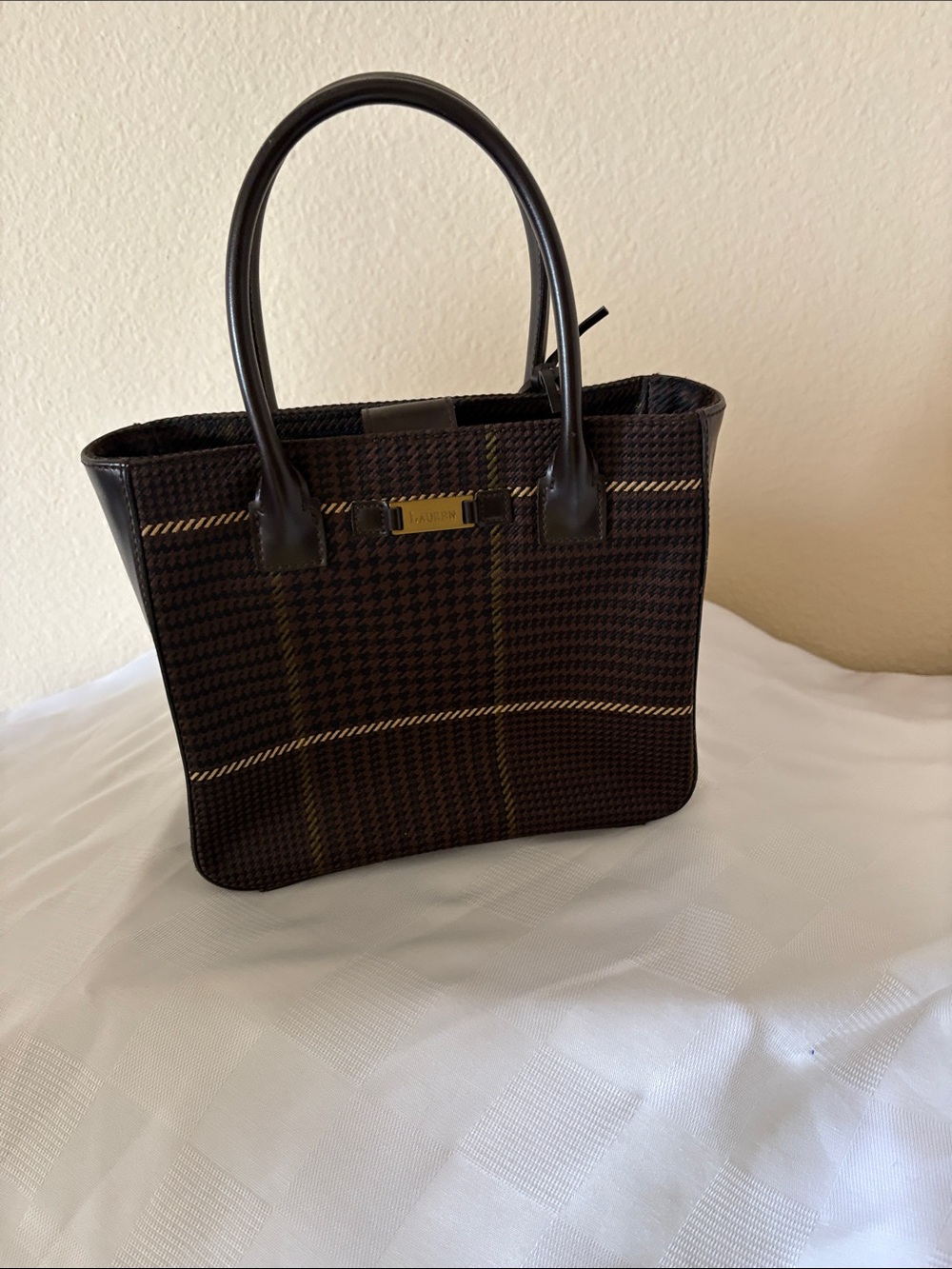 Ralph Lauren Dark Brown Plaid Tote with Gold Nameplate